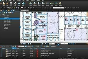 Screenshot of a computer interface displaying architectural floor plans with menus and options on the top, left, and bottom sides. The design software layout includes project navigation and layer controls, offering tools for both large format printing and detailed 3D scanning.