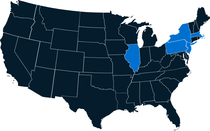 A map of the United States with New York, New Jersey, Pennsylvania, Massachusetts, and Illinois highlighted in blue using large format printing.