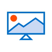 An icon of a computer monitor displaying an image with a red circle in the upper left corner and a blue mountain range at the bottom, resembling large format printing techniques.