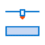 Icon of a 3D printer in blue and orange, showing a nozzle extruding material above a rectangular platform, symbolizing small format printing.