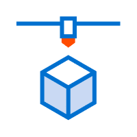 Icon of a 3D printer depositing material to create a cube-shaped object, seamlessly bridging the world of web to print with advanced 3D scanning technology.