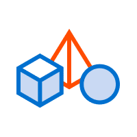 Image of three geometric shapes: a blue cube, an orange pyramid, and a blue circle—perfect for showcasing precision in 3D printing.