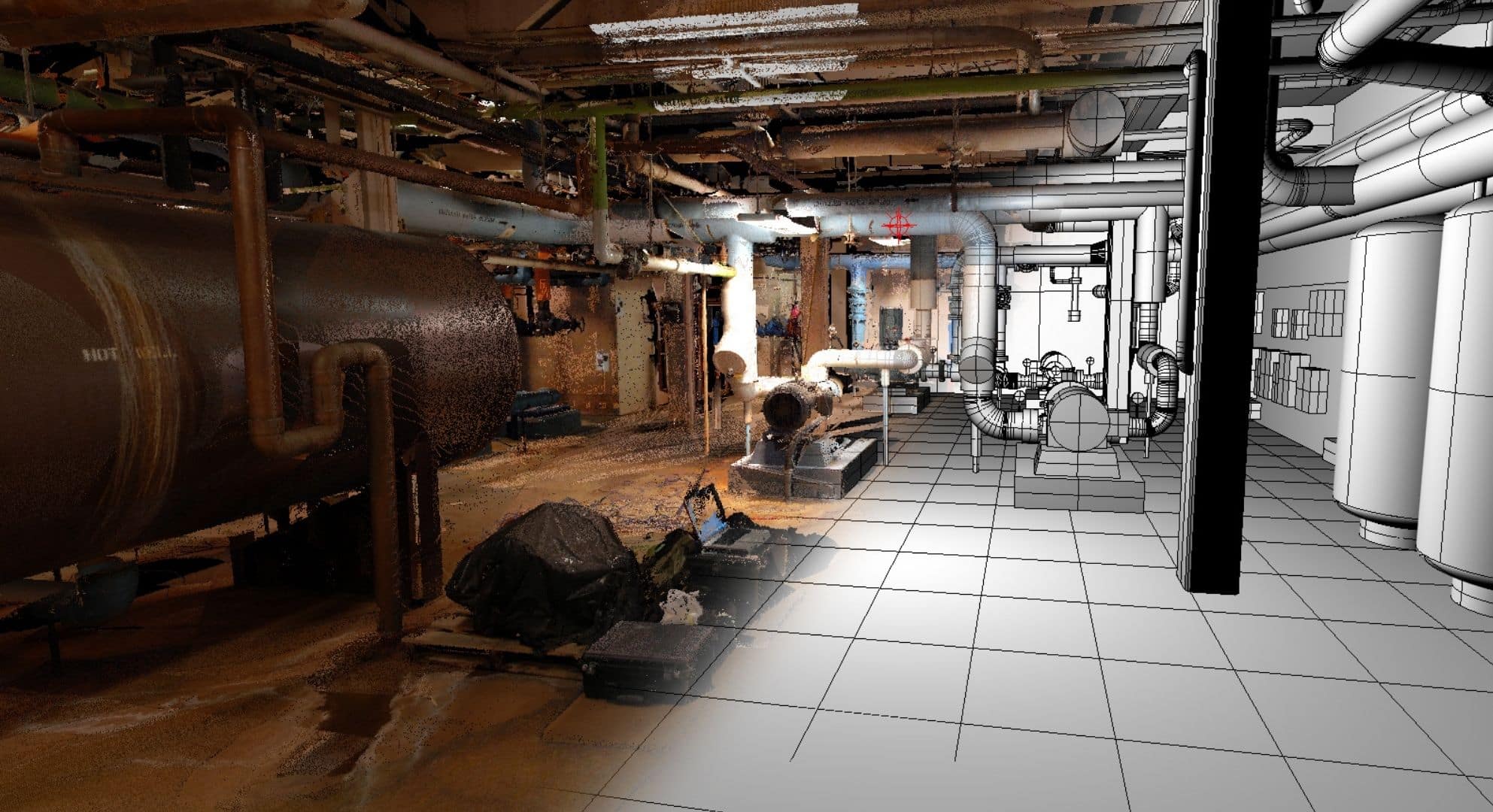 A side-by-side comparison of a mechanical room, with the left side showing a realistic photo and the right side featuring a detailed wireframe rendering, highlighting the precision similar to large format printing techniques.