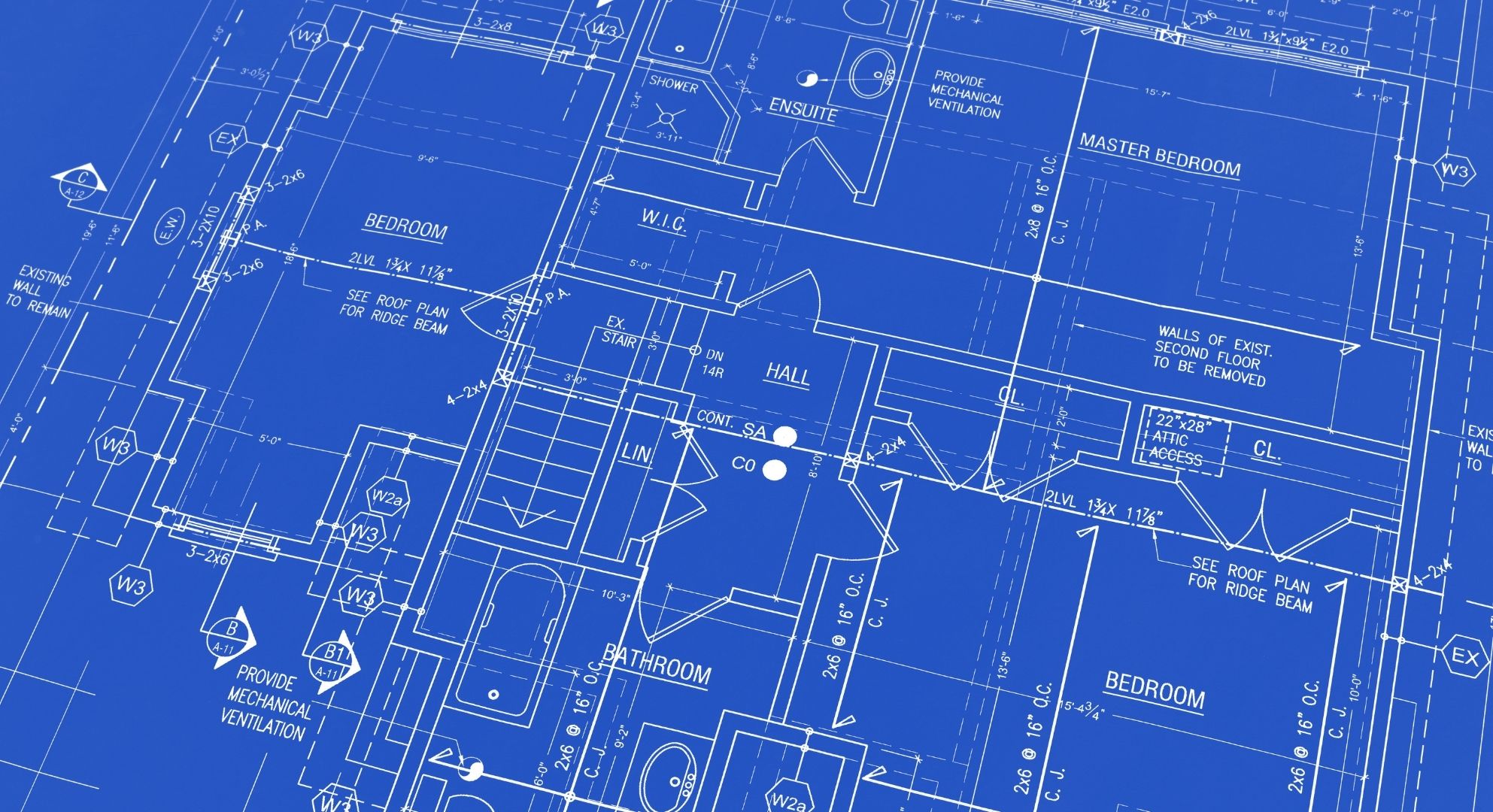 Blueprint of a residential home layout featuring labeled rooms including bedrooms, bathrooms, kitchen, and living areas, along with technical annotations and measurements, perfectly adapted for small format printing.