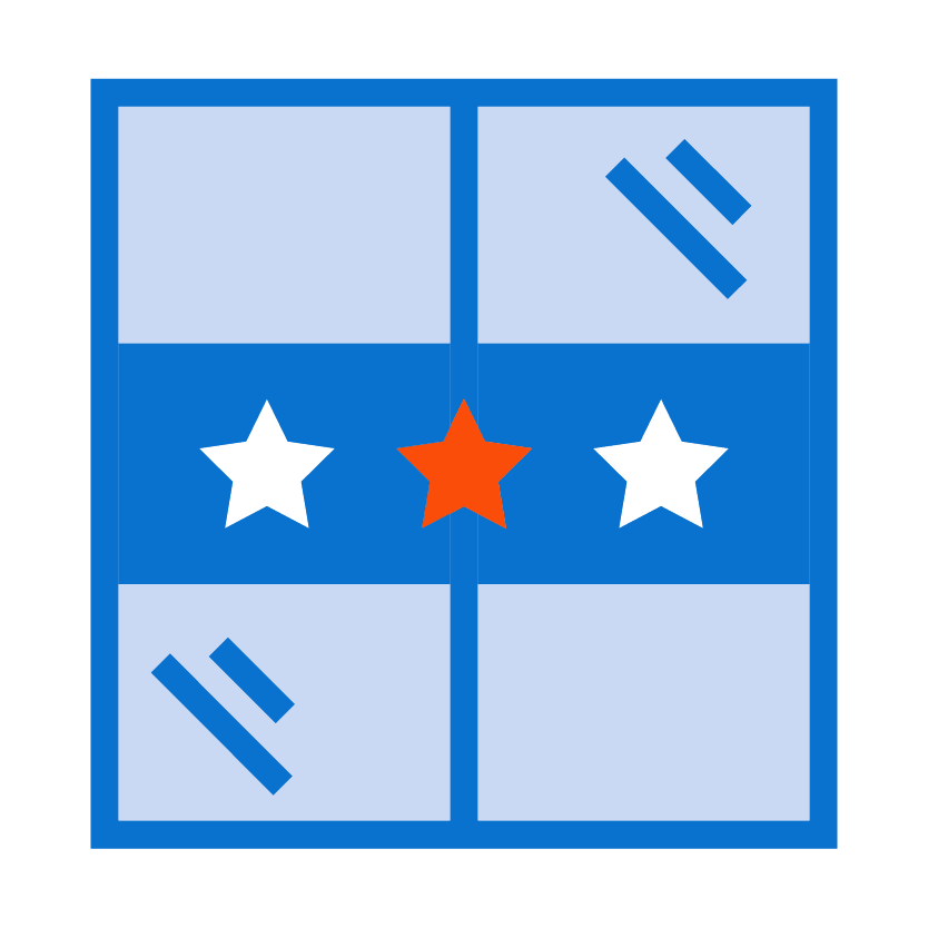 A blue flag divided into four quarters with diagonal blue bars in the top left and bottom right, white stars in the top right and bottom left, and an orange star in the center—ideal for large format printing.