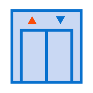 Icon of an elevator with closed doors, featuring an upward arrow in red and a downward arrow in blue above the doors, perfect for web to print applications.