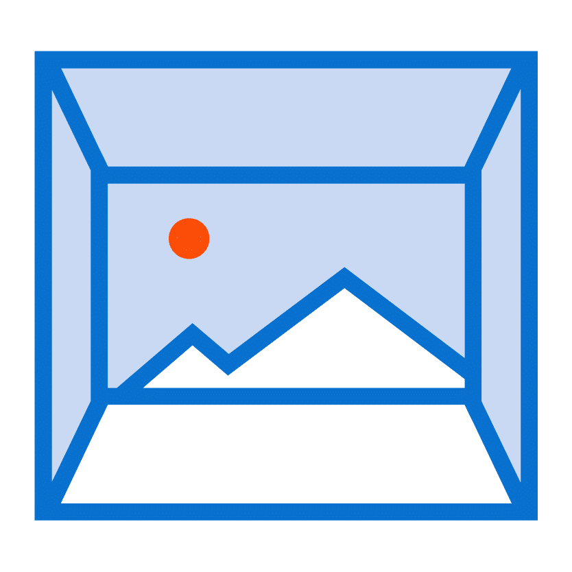 Icon of a blue-framed photo with a mountain, a sun, or moon depicted as an orange circle, set against a light blue sky background. Ideal for showcasing web to print capabilities in small format printing projects.