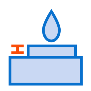 A simplified, blue-colored icon showing a water drop above a layered structure, with a small red element to the left. Ideal for small format printing or 3D scanning applications.