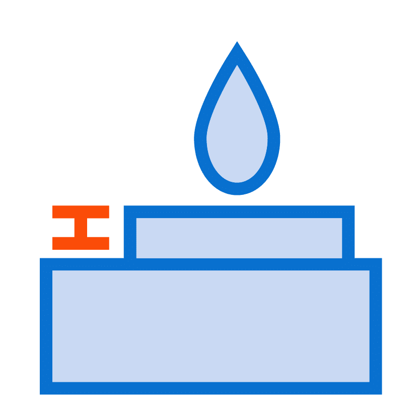 A simplified, blue-colored icon showing a water drop above a layered structure, with a small red element to the left. Ideal for small format printing or 3D scanning applications.