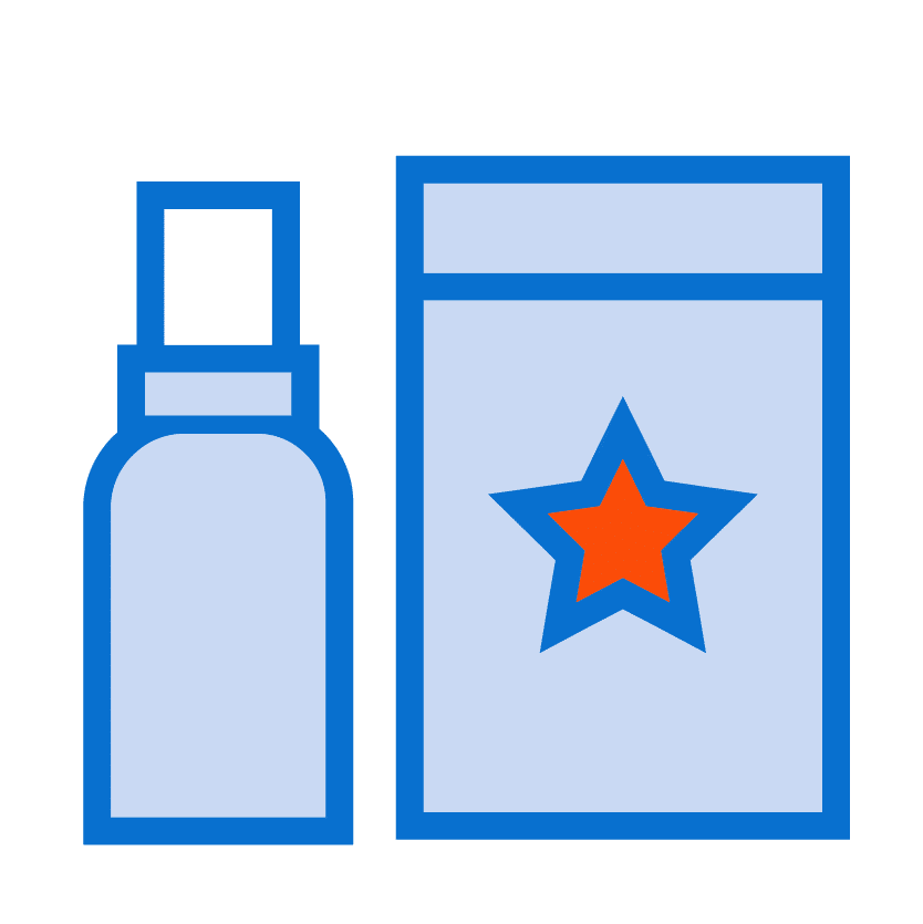 Illustration of a spray bottle and a rectangular product container with a star graphic on it, rendered through advanced 3D printing techniques.