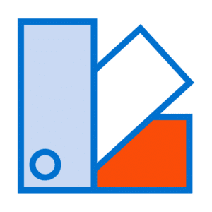 Blue, orange, white, and light purple geometric shapes arranged in an abstract design with blue outlines, reminiscent of patterns ideal for small format printing.