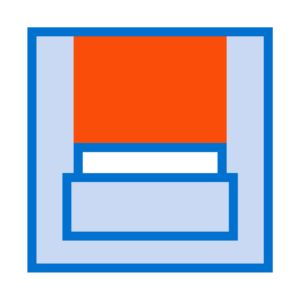 A square with a blue border, light blue background, an orange section on top, a white stripe, and a T-shaped blue section in the center—ideal for small format printing projects.