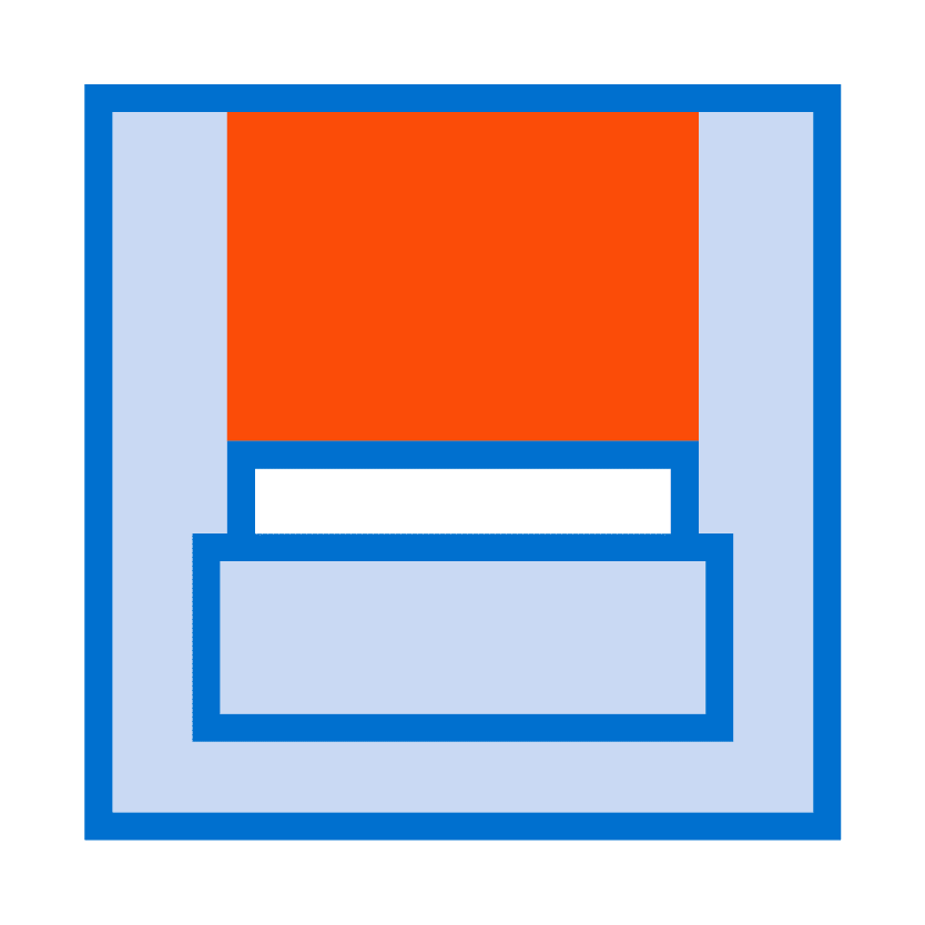 A square with a blue border, light blue background, an orange section on top, a white stripe, and a T-shaped blue section in the center—ideal for small format printing projects.