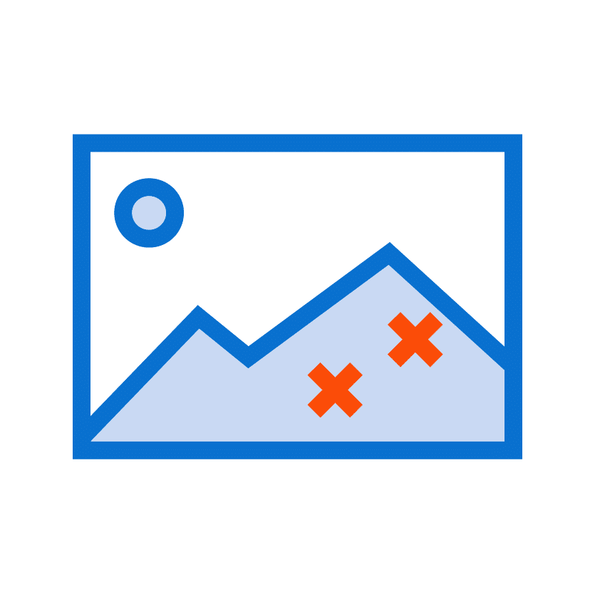 A simplified icon representing an image with a blue outline of mountains and a sun. Two red X marks are placed on the image, indicating errors or broken elements, possibly from issues in small format printing.