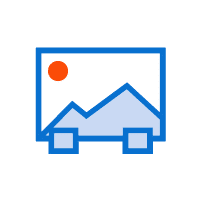 Icon depicting an image placeholder with a mountain and a sun, framed in a blue outline, ideal for web to print applications.