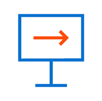 Icon of a computer monitor displaying a rightward pointing arrow. The monitor is outlined in blue, and the arrow is orange, reminiscent of advanced 3D printing technology for digital designs.