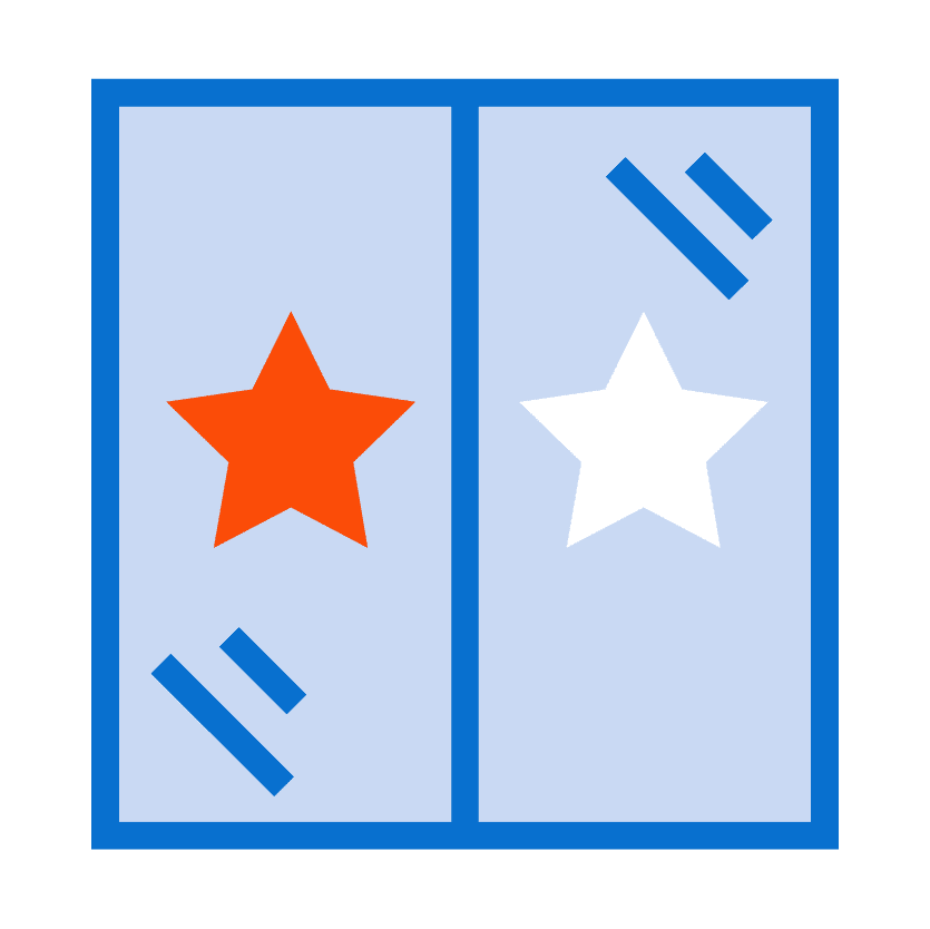 Two panes with a blue border. The left pane features a red star and three blue diagonal lines, while the right pane showcases a white star and three horizontal blue lines, perfect for small format printing projects.