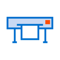 Illustration of a large format printer with a blue frame, white paper output, and an orange detail on the top right, showcasing its advanced large format printing capabilities.