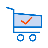 A blue and white shopping cart icon with a red checkmark inside, perfect for businesses specializing in small format printing.