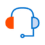 An icon of a headset with a microphone, featuring one red earpiece and one blue earpiece, connected by a blue headband, perfect for enhancing your web to print projects.