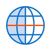 Icon of a blue globe with grid lines, an orange equator line, and subtle elements reminiscent of 3D printing.