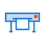 Icon of a large format printer with a print emerging from it, depicted in blue and orange colors, showcasing the possibilities of both small format printing and large scale outputs.