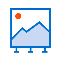 An icon depicting a framed landscape picture with a blue mountain and orange sun, standing on a blue easel, perfect for showcasing large format printing designs.