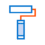 A blue and orange icon of a paint roller with a white roller head and a blue handle, ideal for representing innovative web to print solutions.