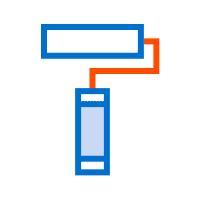 A blue and orange icon of a paint roller with a white roller head and a blue handle, ideal for representing innovative web to print solutions.