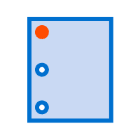 A simple illustration of a vertical rectangular shape with three dots on the left side: an orange dot at the top and two blue dots below it against a light blue background, perfect for small format printing.