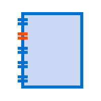 An icon of a closed, spiral-bound notebook with a grey cover, blue binding, and two orange clips, perfect for showcasing designs made with large format printing.