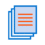 An icon featuring a stack of three documents with blue borders and orange horizontal lines on a light blue background, ideal for web to print applications.