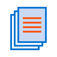 An icon featuring a stack of three documents with blue borders and orange horizontal lines on a light blue background, ideal for web to print applications.