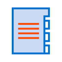 An icon depicting a blue document with orange horizontal lines representing text, ideal for web to print applications.