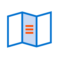 An icon of an unfolded map with three panels. The middle panel has three horizontal orange lines, symbolizing text. The map outline is blue, resembling the precision detail found in large format printing.