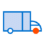 Simple illustration of a blue truck with a large cargo area and an orange front wheel, designed for large format printing.