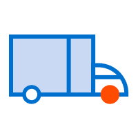 Simple illustration of a blue truck with a large cargo area and an orange front wheel, designed for large format printing.