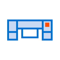 A blue and white icon representing a desk, featuring a computer monitor at the center, a small orange square in the top right, and two storage compartments to the sides—perfect for organizing your 3D scanning equipment.