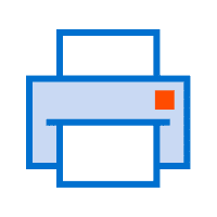 Icon of a printer with a blue outline, an orange button, and subtle hints of 3D printing elements.