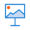 Icon of a presentation slide with a blue border, featuring a simple mountain graph and a single orange circle in the top left corner, mounted on a stand. Ideal for illustrating web to print services seamlessly.