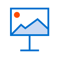 Icon of a presentation slide with a blue border, featuring a simple mountain graph and a single orange circle in the top left corner, mounted on a stand. Ideal for illustrating web to print services seamlessly.