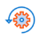 An orange gear with a blue arrow encircling it counterclockwise, indicating a refresh or update process, evokes the innovative nature of 3D printing.