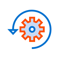 An orange gear with a blue arrow encircling it counterclockwise, indicating a refresh or update process, evokes the innovative nature of 3D printing.