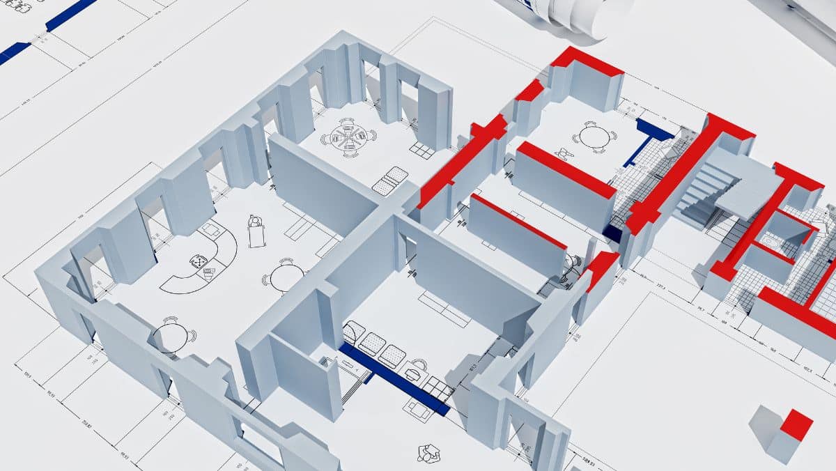 A 3D architectural floor plan with furniture layout depicts a house with multiple rooms, including a living area, bedrooms, and a staircase. Red and blue colors highlight certain wall sections. The design is prepared for large format printing to ensure every detail is captured vividly.