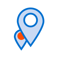 Two overlapping map location pins, one larger and blue with a white center, and a smaller one behind it, also blue with an orange circle. Ideal for small format printing projects due to its intricate design.