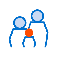 Simple illustration of three abstract human figures, two taller blue ones and a smaller orange one in the center, indicating a family or group. Ideal for large format printing to highlight family bonds.