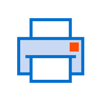 Icon of a printer with blue outlines and a small orange rectangle on the right side, ideal for web to print applications.