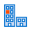 Icon depicting two buildings, one taller with multiple windows and one shorter. The taller building has a single orange window among blue windows, reminiscent of the precision seen in large format printing.