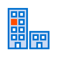 Icon depicting two buildings, one taller with multiple windows and one shorter. The taller building has a single orange window among blue windows, reminiscent of the precision seen in large format printing.