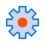 A gear icon with blue teeth and a red circle in the center, symbolizing settings or mechanical functions, often seen in the interfaces for small format printing.